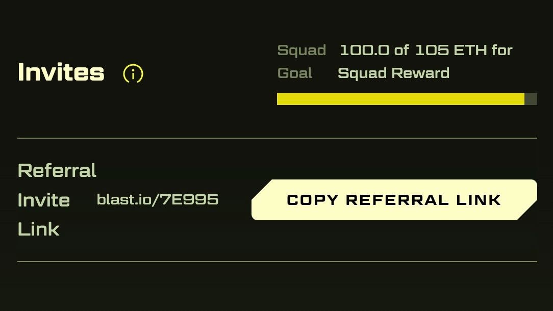 Deposited 100 ETH into <a href="/Blast_L2/">Blast</a> 

Join with our referral code to be part of the squad!

blast.io/7E995