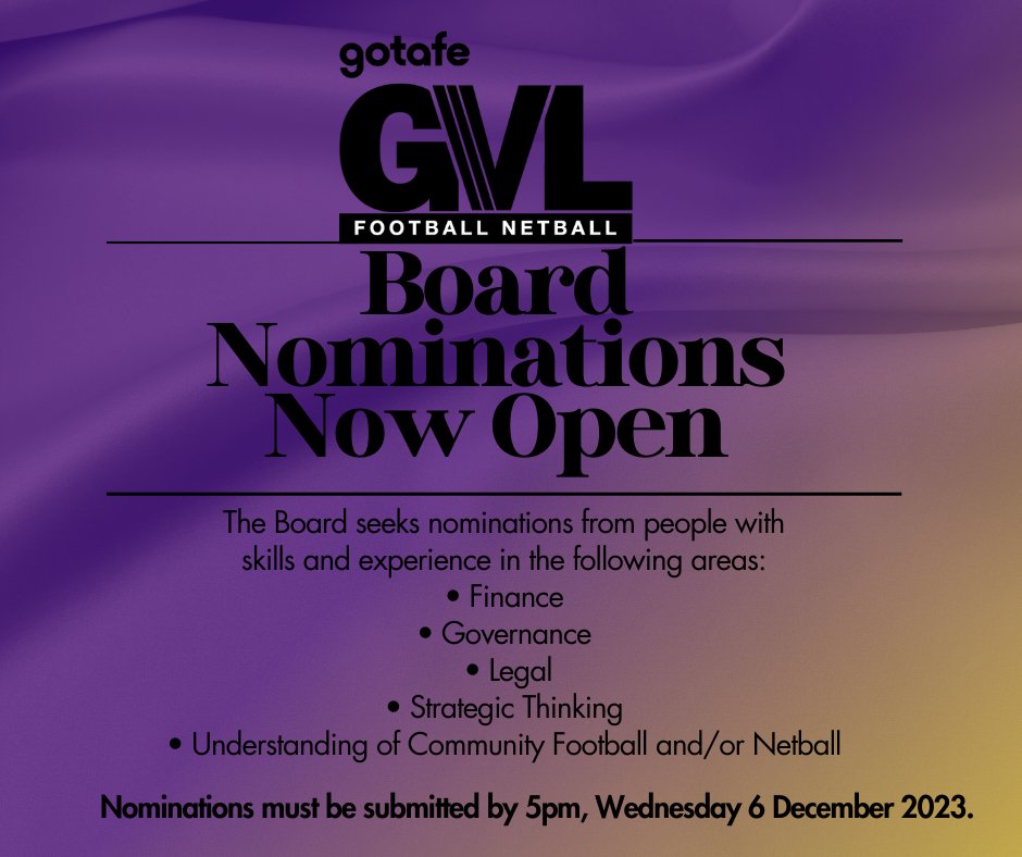 Board Nominations are now open for the <a href="/gotafe/">GOTAFE</a> GVL Board.

There will be 3 vacant Board positions declared at our AGM. The Board seeks nominations from people with skills and experience in the following areas:
• Finance
• Governance
• Legal
• Strategic Thinking.....
