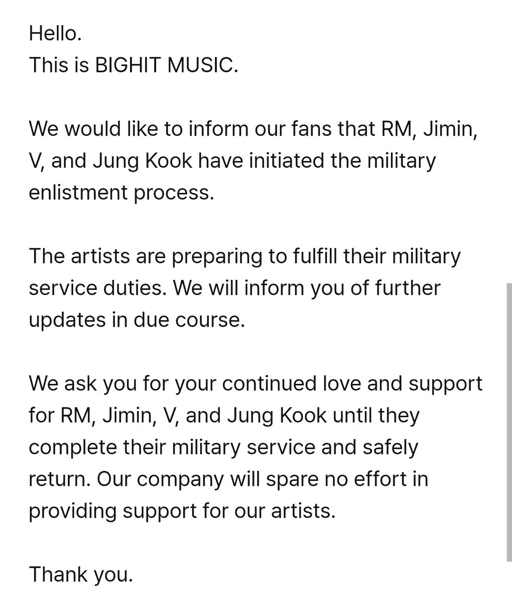 proyect_bangtan's tweet photo. TRADUCCIÓN DEL COMUNICADO DE BIGHIT 

Hola. 
Esto es BIGHIT MUSIC.

Nos gustaría informar a nuestros fans que RM, Jimin, V y Jung Kook han iniciado el proceso de alistamiento militar.

Los artistas se preparan para cumplir con sus deberes militares. https://t.co/hMQNABdQCh