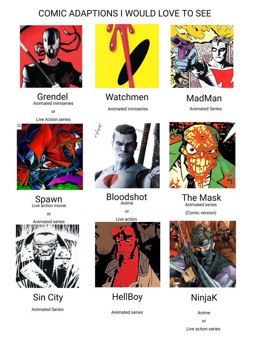 GachaAl33971880's tweet image. Trust me.....Comic adaptation I would love to see 

#comics #comic #Comicadaptation #Grendel #DarkHorseComics #Watchmen #DCcomics #MadMan #Spawn #ImageComics #Bloodshot #ValiantComics #TheMask #SinCity #HellBoy #NinjaK