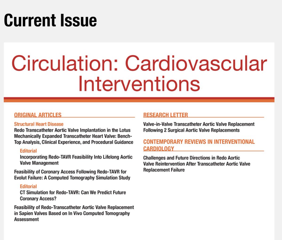 Just out @CircIntv @SVRaoMD theme issue on redo #TAVR great papers & our SOTA review. More tweets to come… @bapat_savrtavr @drnvanmieghem @G_Tarantini01 @KendraGrubb @mszerlip @Miho_Fukui_ @SyedZaidMD @LandesUri @J_Sathananthan @PinakShahMD ahajournals.org/toc/circinterv…