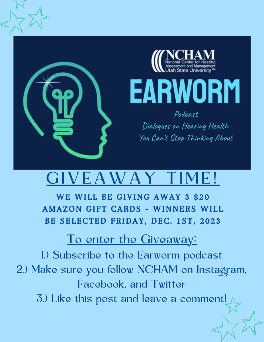 It's Giveaway Time! We are super excited to share the new Earworm Podcast with you all 🎉
Our social media handles-
Instagram: @infanthearing
Twitter: @infanthearing
Facebook: The National Center for Hearing Assessment and Management (NCHAM)