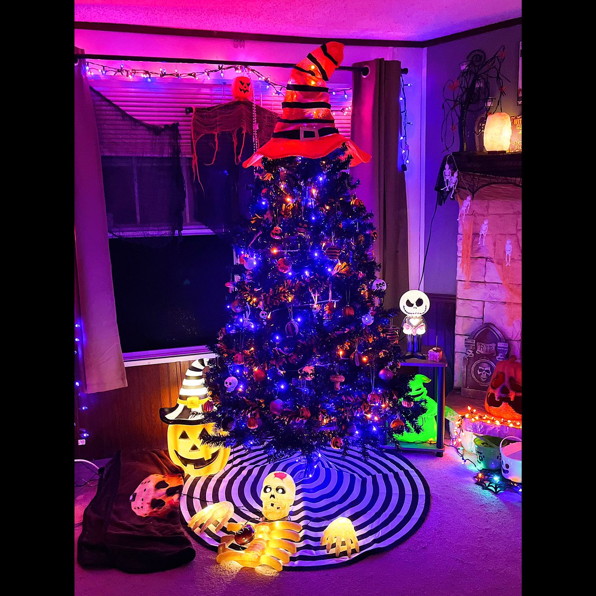 The Halloween Christmas tree is complete! And it’s storming with lightning outside! I am obsessed! I’m gonna take a video later to show the decor more! #Halloween2023 #Christmas #HorrorCommunity