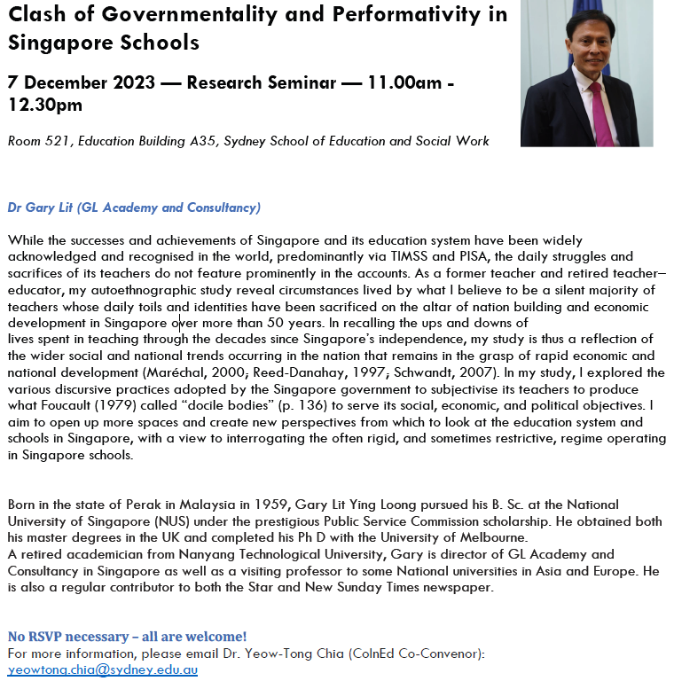 USyd_SSESW's tweet photo. 📢#USyd_SSESW @SydneyCoInEd event where Dr Gary Lit will share.
Title: Clash of #governmentality and #performativity in #Singapore #schools
🗓️7 Dec
📍Rm 521, Ed Building A35, SSESW
🕗 11am-12.30pm
Further details ⬇️ https://t.co/CBR3sY1Jju
