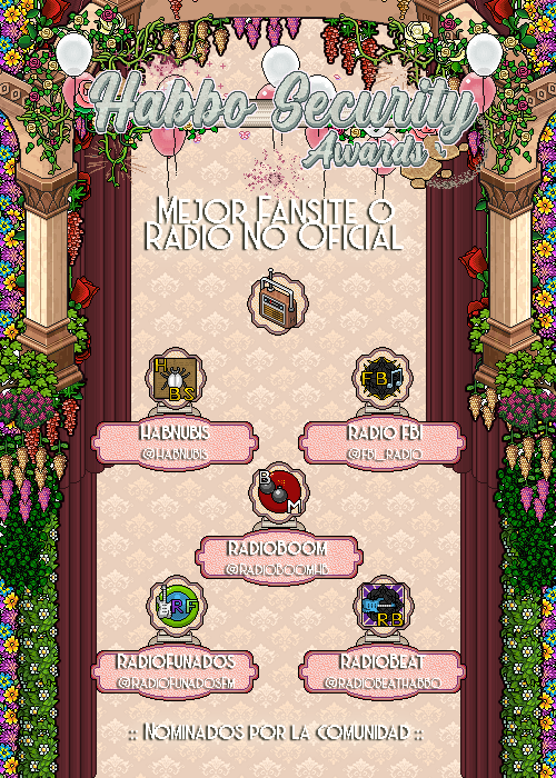 🏆10ª CATEGORÍA: "MEJOR FANSITE O RADIO NO OFICIAL"🏆
Nominados:
HabNubis (<a href="/HabNubis/">HabNubis - Habbo X</a>)
Radio FBI de FBI_Owner (<a href="/fbi_radio/">Radio FBI</a>)
RadioBoom de Jerudmide (<a href="/RadioBoomHB/">RadioBoom</a>)
RadioFunados de Omitowas (<a href="/RadioFunadosFm/">Funados Fm 🎧</a>)
RadioBeat (<a href="/radiobeathabbo/">Radio Beat</a>)

Vota a tu favorit@ en la encuesta dentro de la