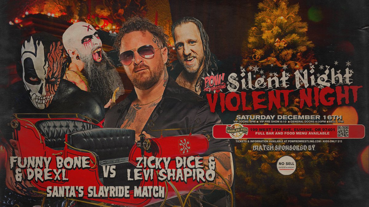 Tickets have been flying since we announced the main event for the final POW! show of 2023! 

Most Violent get their shot at revenge against Outlandish Enterprises when Funnybone & Drexl face POW! Champion Zicky Dice and Levi Shapiro in a Santa's Slayride match, where mystery