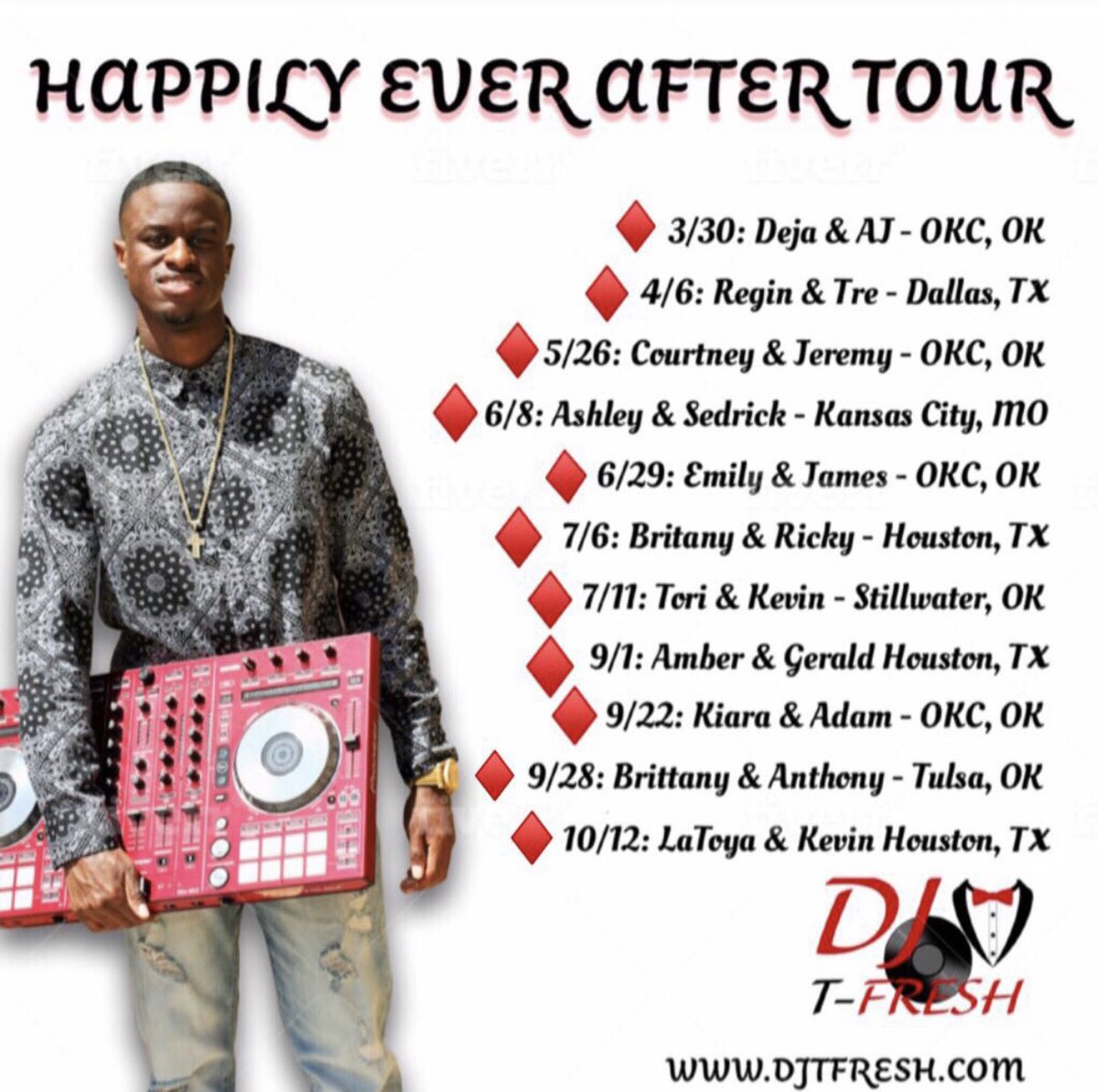 TheDJTFresh's tweet photo. Started a Wedding Tour called the Happily Ever After Tour in 2019, and it took off! I’ve been all over the country DJ’in Weddings and did my 1st one in Mexico last Year.
Finishing up HEAT 5 next Week, and HEAT 6 kicks off in January. 💒💍
#TheWeddingCrasher
#BookTFresh https://t.co/xLZ92rOY3q