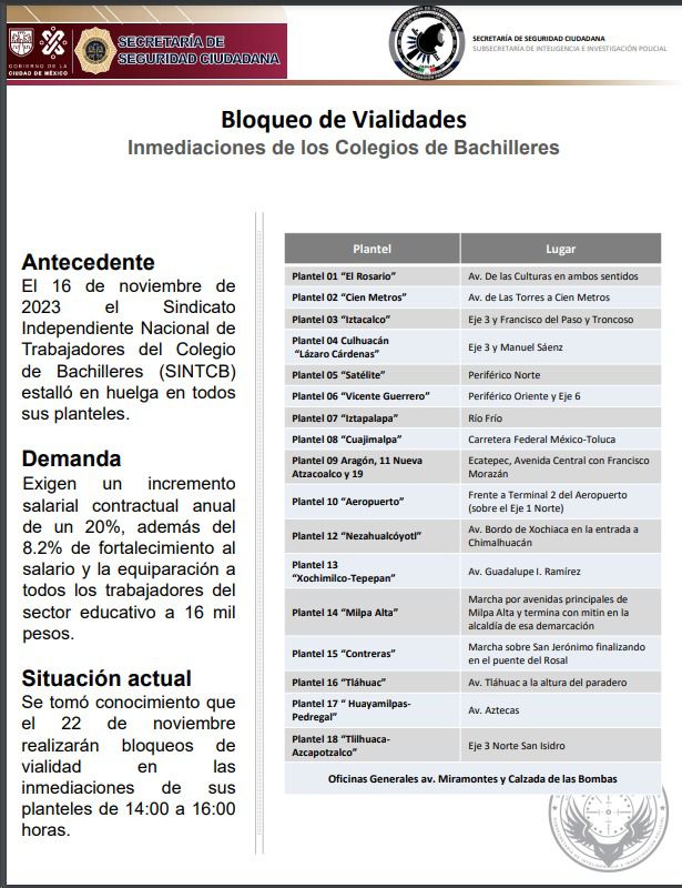 codycomander's tweet photo. @Excelsior Hola .. Para informarles los bloqueos que se llevarán acabo el día miercoles 22 de noviembre de 2023 a partir de las 2 pm por parte del sindicato de trabajadores del colegio de bachilleres (SINTCB) https://t.co/oaRytW9S0W