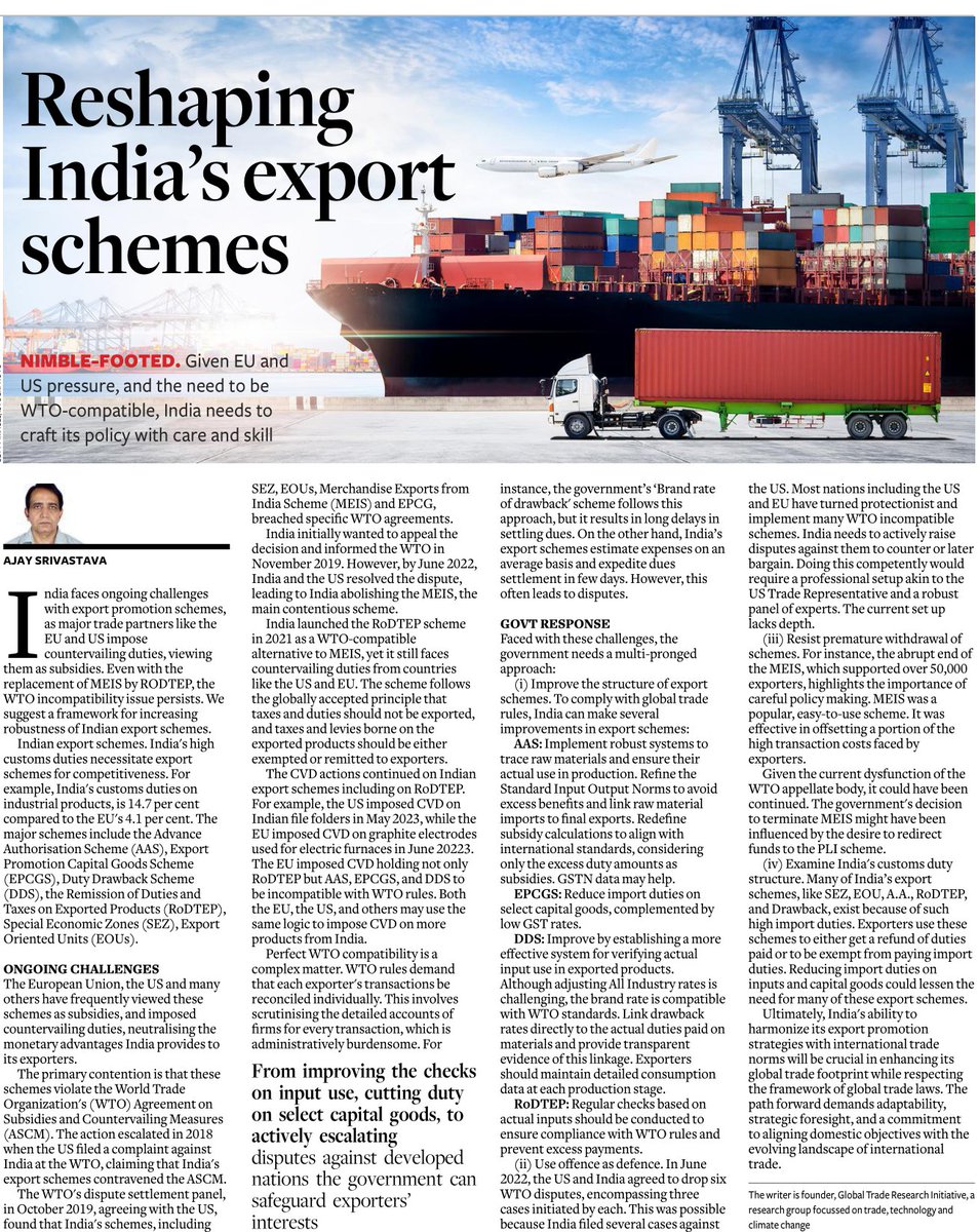 India faces continuing challenges on export promotion schemes front.  Even with the replacement of #MEIS by #RODTEP, the #WTO incompatibility issue persists. 
 Here is a framework for increasing robustness of Indian export schemes.