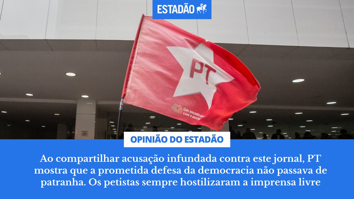 Estadao's tweet photo. EDITORIAL: ‘A ‘democracia’ do PT é com aspas’ – Para petistas, nem é preciso que a informação seja verdadeira para usá-la a favor de seus propósitos: difamar o jornal que revelou que a mulher de líder do CV participou de reuniões no MJSP (@opiniao_estadao) https://t.co/bDdlODAytA https://t.co/q7oN969Vd1
