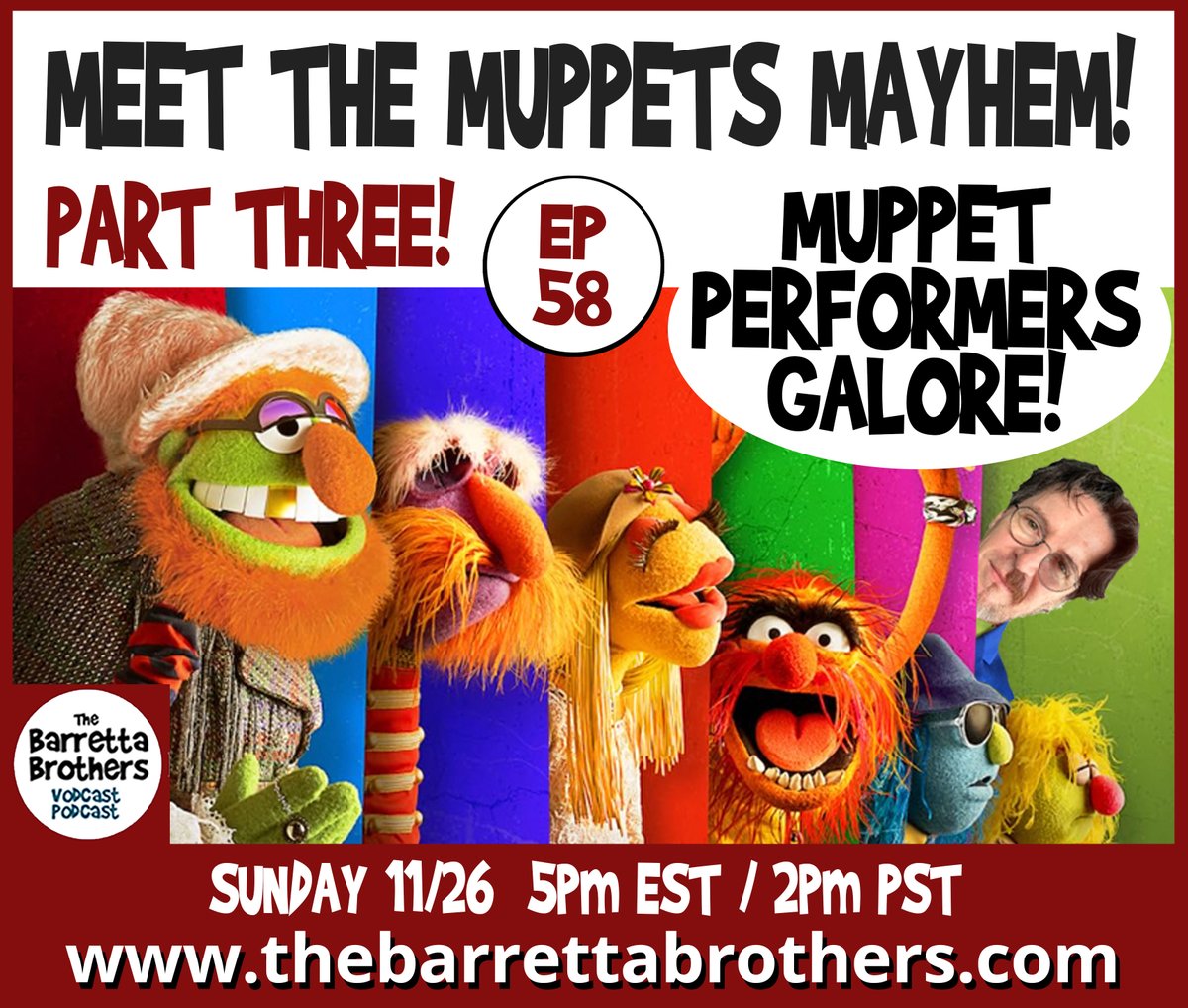 We're Back! Let's finish up this 4-Part Series! Episode Three is all about the Muppet Performers! Sunday 11/26. 5pmEST/2pmPST. Follow this link: youtube.com/watch?v=NPIcaH… or go to thebarrettabrothers.com
Bring your Thanksgiving leftovers! <a href="/billbarretta/">Bill Barretta</a>