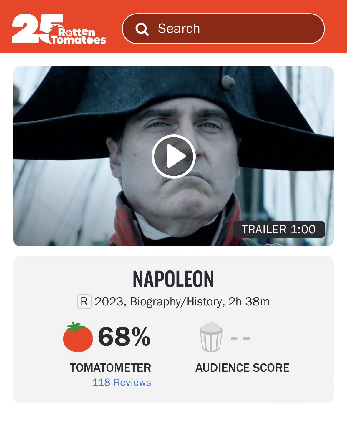 DiscussingFilm on X: Ridley Scott's 'NAPOLEON' currently has 68% on Rotten  Tomatoes. Read our review:    / X