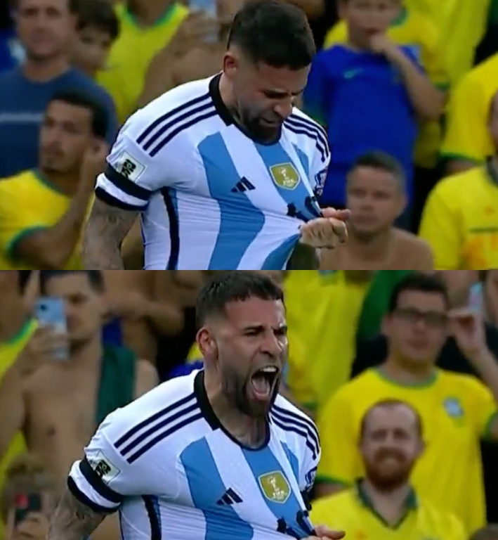 InvictosSomos's tweet photo. Nicolás Otamendi mostrando el parche de ACTUALES CAMPEONES DEL MUNDO tras marcarle un golazo a Brasil en el Estadio Maracaná. Qué momento para Argentina. EL GENERAL.