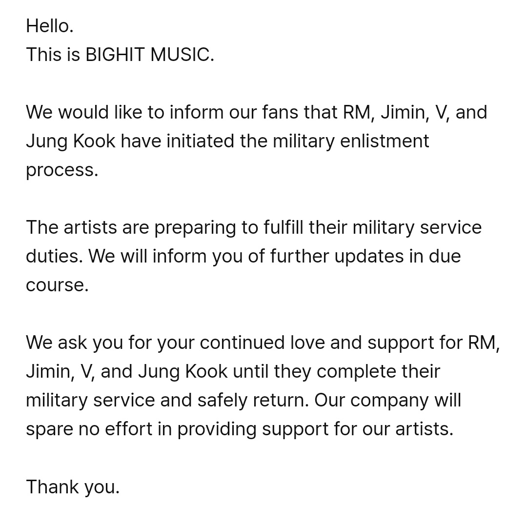 [Weverse Notice] RM, Jimin, V, and Jungkook have initiated the military enlistment process and are preparing to fulfill their military service duties.