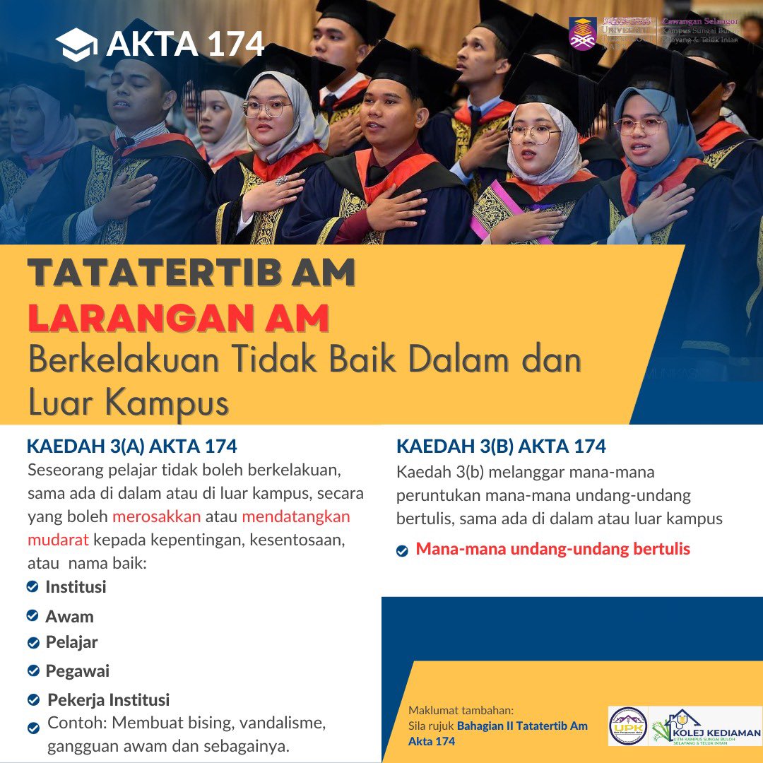 JPKUSB's tweet photo. ✨Assalamualaikum WBT✨

Berikut merupakan Larangan Am dibawah Akta 174 yang perlu dipatuhi oleh setiap mahasiswa dan mahasiswi UiTM. Pelajar yang didapati melanggar peraturan ini akan dikenakan tindakan seperti tindakan kompaun.

Sekian, terima kasih. https://t.co/JDJtkr18Bd