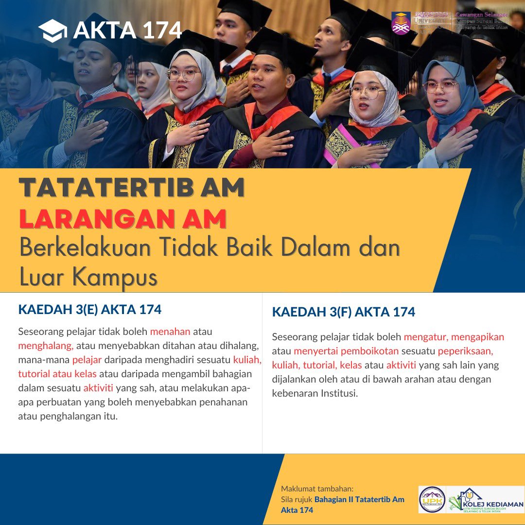 JPKUSB's tweet photo. ✨Assalamualaikum WBT✨

Berikut merupakan Larangan Am dibawah Akta 174 yang perlu dipatuhi oleh setiap mahasiswa dan mahasiswi UiTM. Pelajar yang didapati melanggar peraturan ini akan dikenakan tindakan seperti tindakan kompaun.

Sekian, terima kasih. https://t.co/JDJtkr18Bd