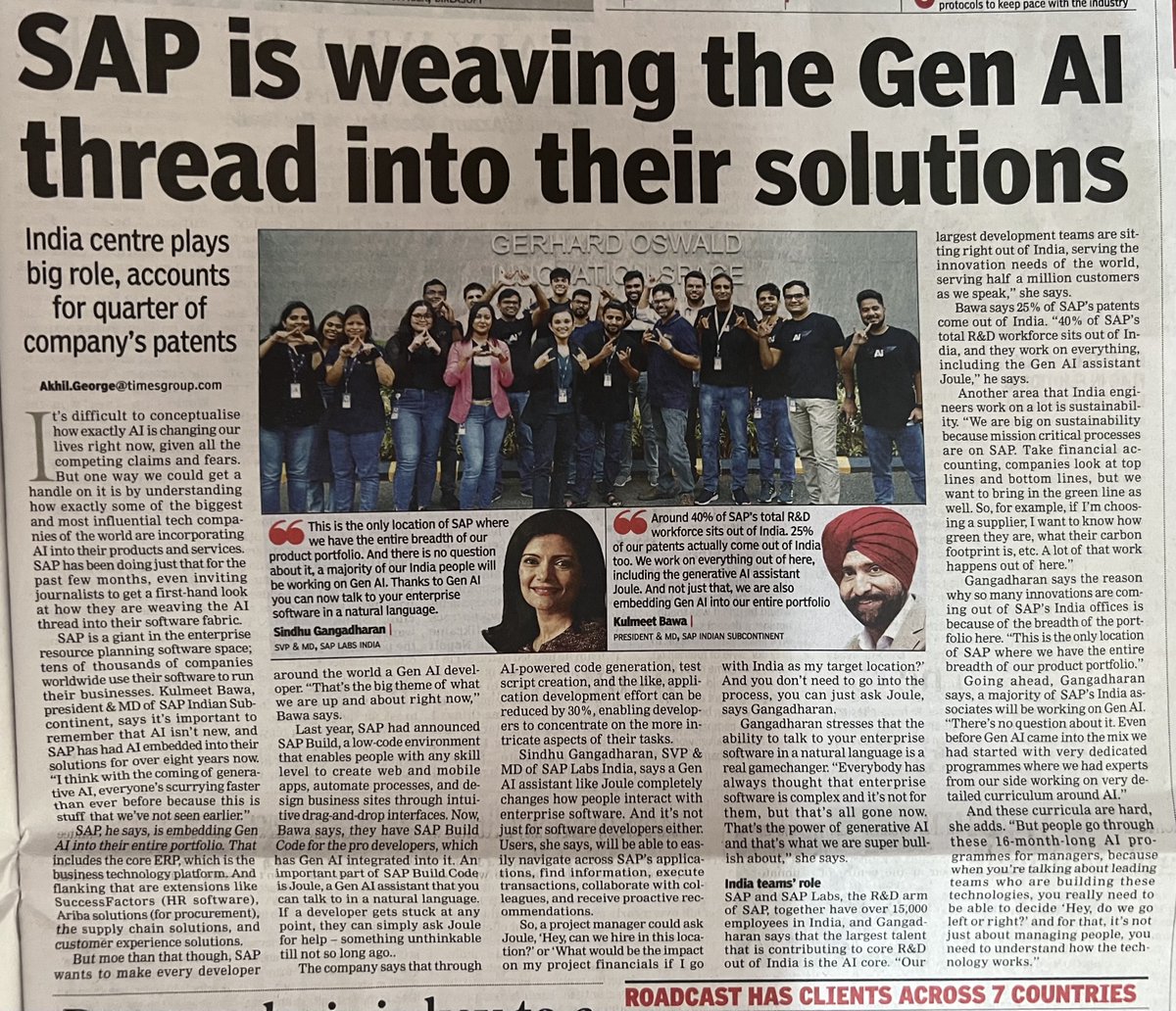 PVN PavanKumar (@_pvn_pavan) on Twitter photo The #Business #AI narrative of <a href="/SAP/">SAP</a> is loud and clear -
nice article via <a href="/timesofindia/">The Times Of India</a> featuring our leaders <a href="/gangadharansind/">Sindhu Gangadharan</a> <a href="/kulmeetbawa/">Kulmeet Bawa</a>
<a href="/rahul_lodhe/">Rahul lodhe</a> <a href="/PMavinakuli/">Prasanna Mavinakuli</a> <a href="/timestechies/">Times Techies by TOI</a> <a href="/saplabsindia/">SAP LABS INDIA</a>
#GenAI #AI #EnterpriseSoftware The #Business #AI narrative of <a href="/SAP/">SAP</a> is loud and clear -
nice article via <a href="/timesofindia/">The Times Of India</a> featuring our leaders <a href="/gangadharansind/">Sindhu Gangadharan</a> <a href="/kulmeetbawa/">Kulmeet Bawa</a>
<a href="/rahul_lodhe/">Rahul lodhe</a> <a href="/PMavinakuli/">Prasanna Mavinakuli</a> <a href="/timestechies/">Times Techies by TOI</a> <a href="/saplabsindia/">SAP LABS INDIA</a>
#GenAI #AI #EnterpriseSoftware