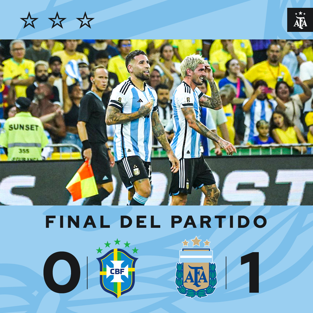 🏆 #Eliminatorias

⚽ <a href="/Argentina/">🇦🇷 Selección Argentina ⭐⭐⭐</a> 🇦🇷 1 (Nicolás Otamendi) 🆚 #Brasil 🇧🇷 0

👉 ¡Final del partido!

¡#VamosArgentina! 🤜🤛