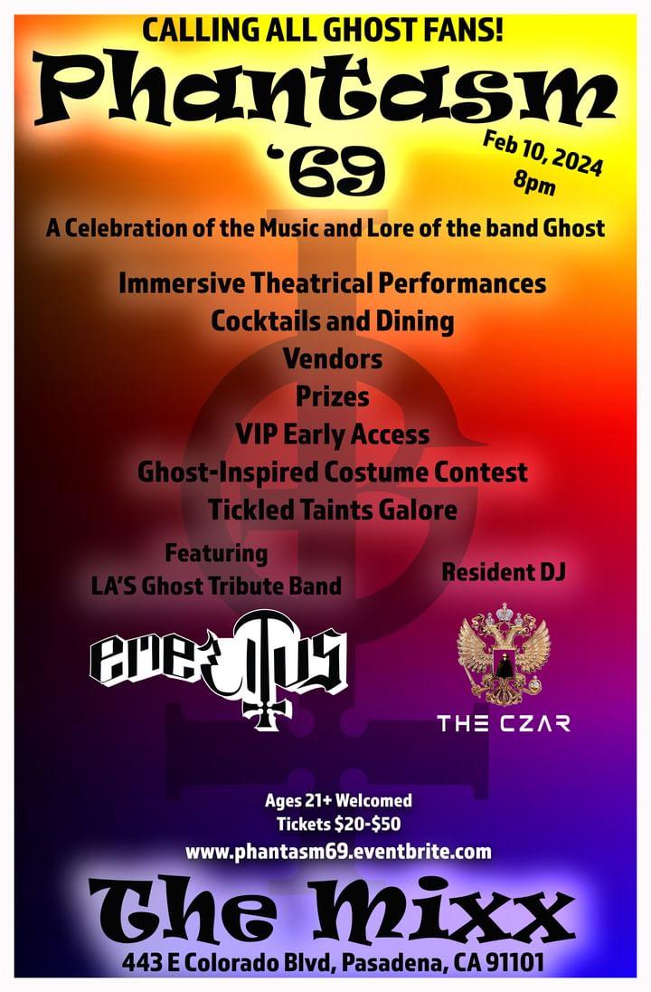 Los Angeles has a Ghost Tribute band and they're playing the next Phantasm event! Phantasm '69 focuses on a season of romance between Young Papa Nihil and Sister Imperator with all new stage performances, immersives, vendors, and more! Tickets: eventbrite.com/e/phantasm-69-…