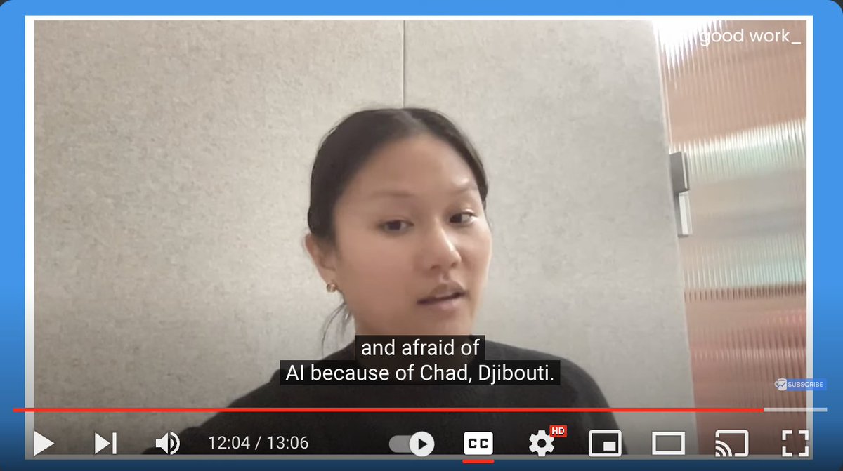 had fun appearing this @dhtoomey OpenAI video special alongside smart ppl like @_KarenHao 👀 had *more* fun seeing that YouTube's AI transcription thinks ChatGPT is spelled 'Chad, Djibouti' 😭 youtube.com/watch?v=L6mmzB…