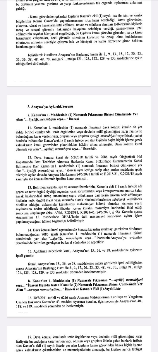 insan_hukuk's tweet photo. AYM; Olağan dönemde KESİNLEŞMİŞ MAHKUMİYET HÜKMÜ olmadıkça terör örgütüne ÜYELİK/MENSUBİYET gerekçesiyle kişilerin kamu görevinden çıkarılması masumiyet karinesinin ihlali olup ilgili kanuni düzenleme Anayasaya aykırı olduğundan iptali gerekir.

RG'de bugün yayımlanmıştır. https://t.co/jPtqd94Tpx