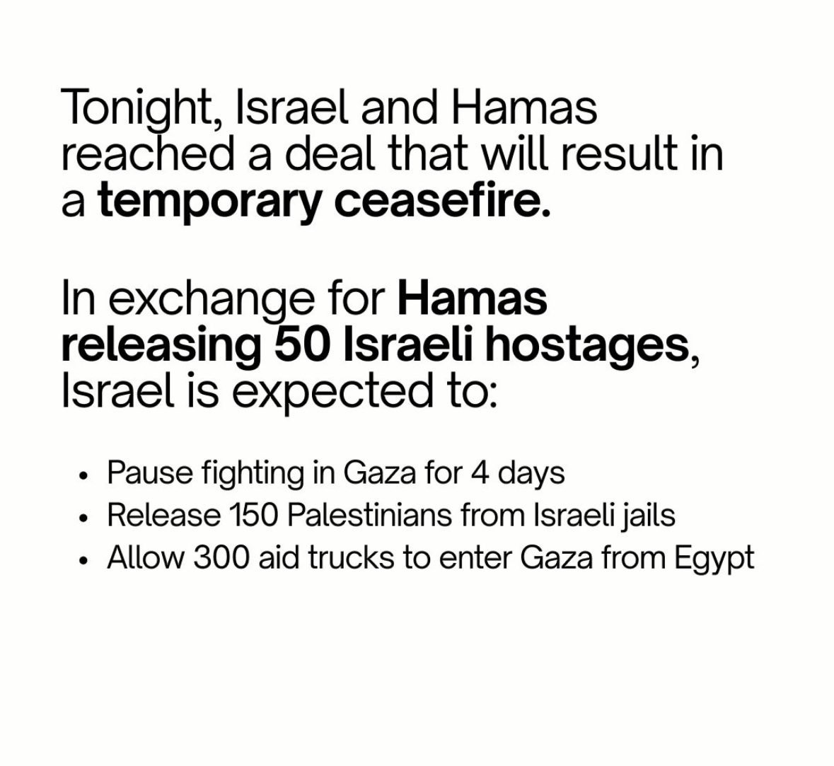 i hope y'all know that a ceasefire is not the end goal... its just 4 days and then what? they'll go back to carpet bombing gaza and palestinians will still be occupied. i better not see a single of you stop talking about it until palestine is free