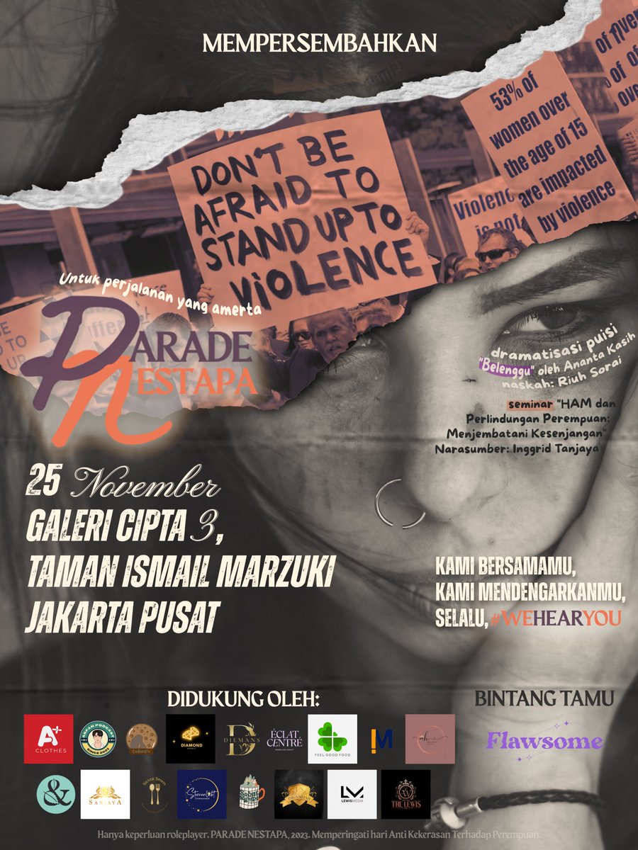 ParadeNestapa's tweet image. ㅤ

         𝑲ita 𝑨kan 𝑺egera 𝑻iba...

Pada satu tujuan yang sama,
menjadi telinga 'tuk mereka bercerita,
memberi ruang 'tuk mereka bersuara,
dan menyampaikan asa 'tuk mereka,
demi bertahan di 𝑑𝑢𝑛𝑖𝑎.

                   𝑷arade 𝑵estapa
       Sabtu, 25 November 2023

ㅤ