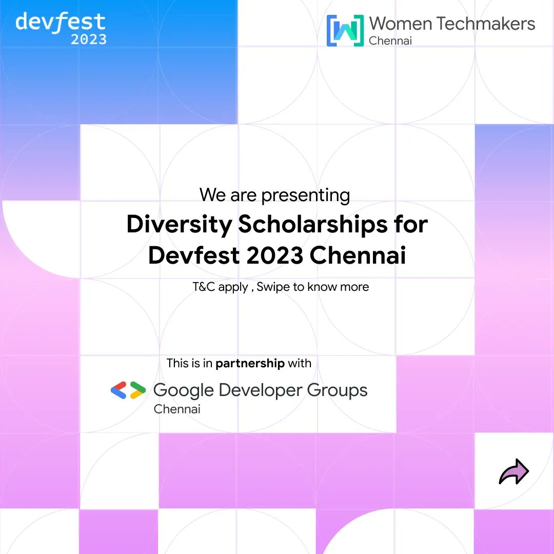 GDG Chennai (@gdgchennai) on Twitter photo Hey 👋, everyone we are opening diversity scholarship for #devfest23chennai.
So do register if you would like us to help you come meet us in person at #devfest23 .🎉 
Find the link in bio and comment 👇! <a href="/wtmchennai/">WomenTechMakers Chennai</a> @TFUGChennai <a href="/GdgCloudChennai/">GDG Cloud Chennai</a> <a href="/codevipassana_/">Code Vipassana</a> <a href="/GoogleDevsIN/">Google for Developers India</a> Hey 👋, everyone we are opening diversity scholarship for #devfest23chennai.
So do register if you would like us to help you come meet us in person at #devfest23 .🎉 
Find the link in bio and comment 👇! <a href="/wtmchennai/">WomenTechMakers Chennai</a> @TFUGChennai <a href="/GdgCloudChennai/">GDG Cloud Chennai</a> <a href="/codevipassana_/">Code Vipassana</a> <a href="/GoogleDevsIN/">Google for Developers India</a>