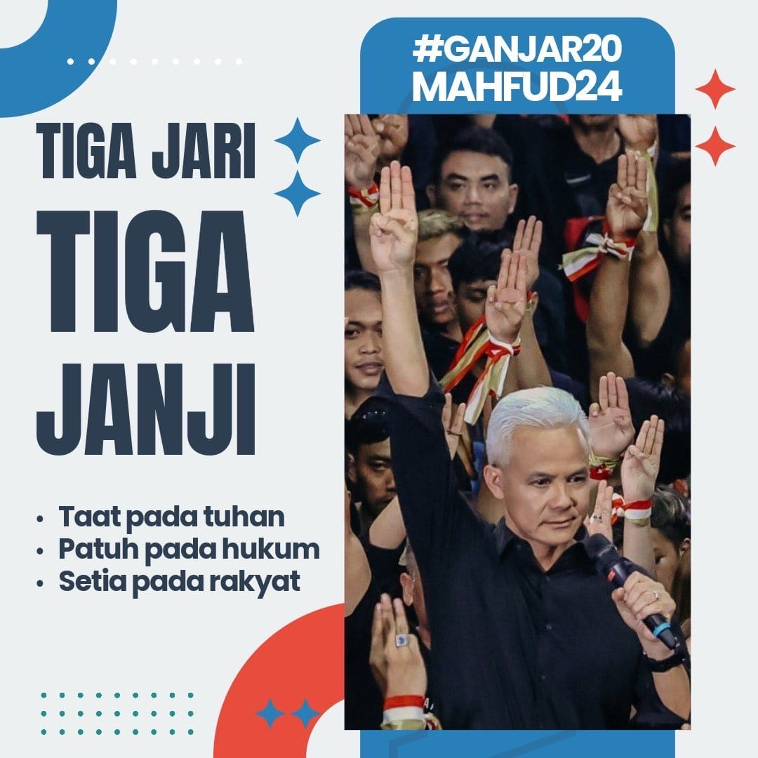 Tiga Jari, tiga Janji, tiga komitmen

✅️ Taat pada Tuhan
✅️ Patuh pada Hukum
✅️ Setia pada rakyat

Bila Hukum dan rakyat DIBOHONGI , maka sesungguhnya Tuhan juga sedang DITIPU

#GanjarMahfud2024