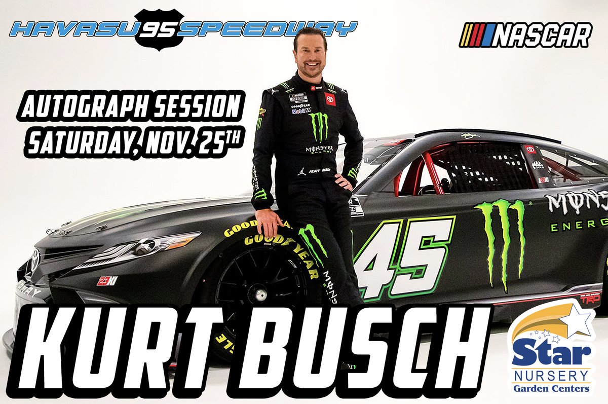 We are so excited to announce NASCAR Cup Series driver <a href="/KurtBusch/">Kurt Busch</a>  will be at Havasu 95 Speedway this Saturday, Nov. 25th! Kurt will be signing autographs and hanging out for the races, and will even have one of his past racecars on display! 🏁