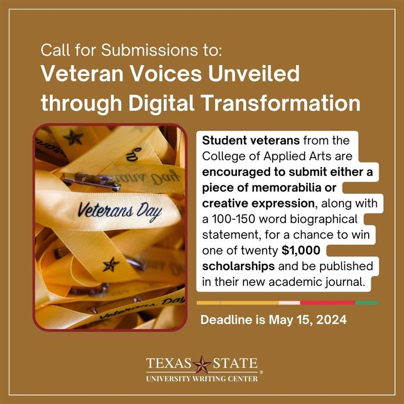 🤝 Need some guidance? Meet our seasoned veteran writing consultants, Jeremiah and Sydney! 📝✨ Book an appointment with them to fine-tune your submission. 👥💬 Visit our website, search for their names, and schedule your session today! 🌟 #TXST #VeteranVoicesUnveiled