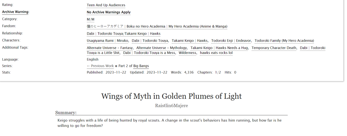 Hello!! I have chapter one of my fic for the <a href="/HawksBigBang/">Hawks Big Bang || Sign Ups Open</a> 2023!  My absolutely wonderful artist is <a href="/MeowMonster97/">MeowMonster/Megan💚</a> please check her art out!!
I loved working on this piece and I hope everyone enjoys it!  Chapter 2 coming within the next two days
archiveofourown.org/works/51755512…