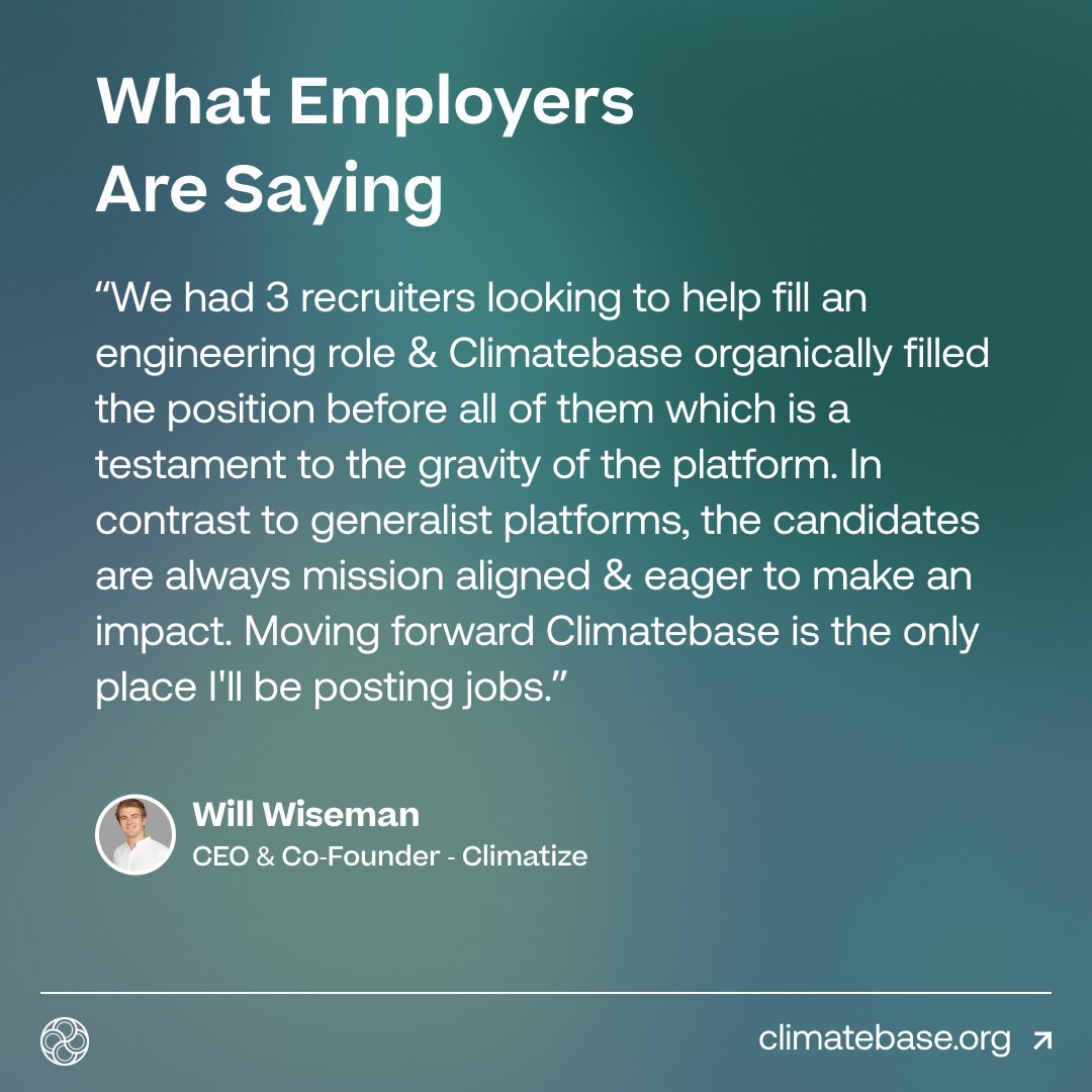 🌱 We're thrilled to share a recent hiring success story from @Climatize_earth! @MrWwwiseman and Climatize were able to find their mission driven talent using our platform. Be sure to download the Climatize app, the easiest way to invest in renewable energy projects! ☀️