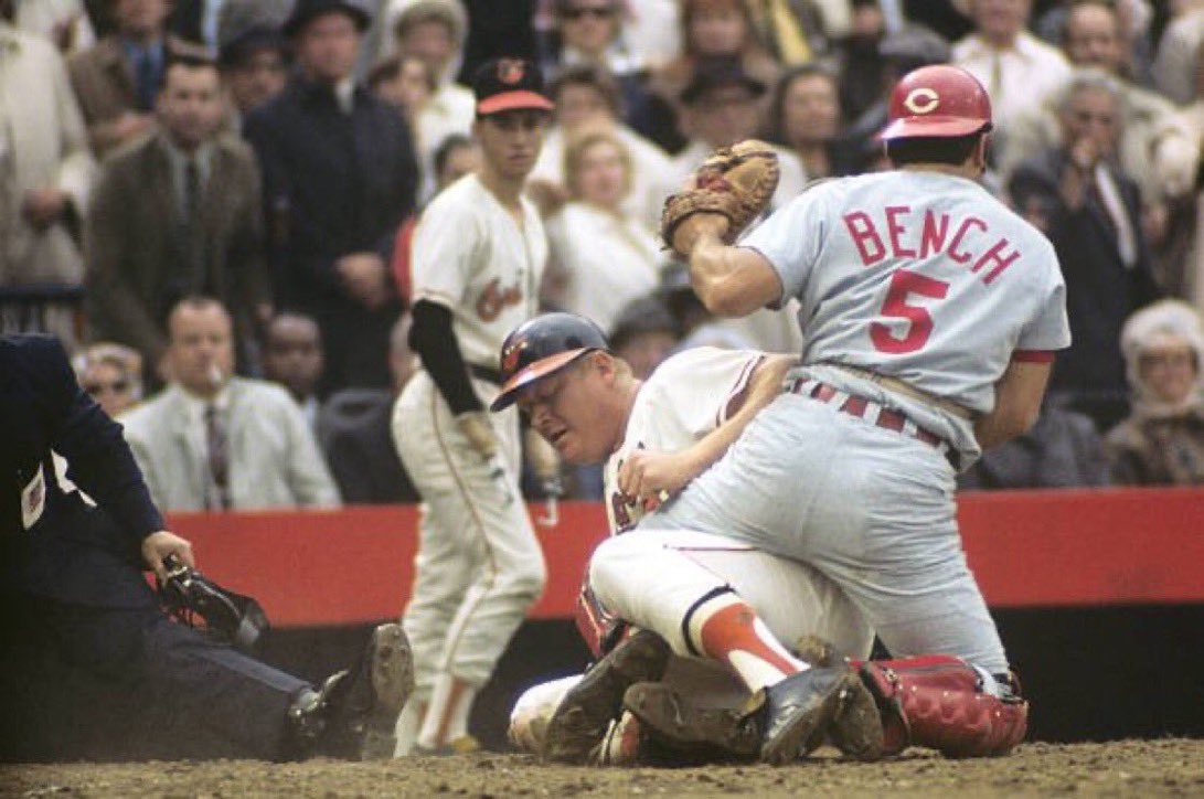 “Old Days”Johnny Bench blocks the plate against Boog Powell during the 1970 Reds-Orioles World Series in Baltimore.#Reds #Cincinnati #Orioles #Baltimore #MLB #1970s