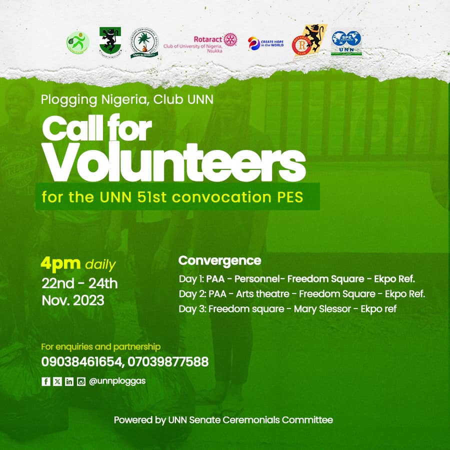 Green greetings to you. 💚 Plogging Nigeria, Club UNN invites you to join her from Wednesday 22nd till Friday 24th as we ensure that our school environment is kept clean after the all Convocation festivities. Click the link below to register now💚 tinyurl.com/CONVOPES