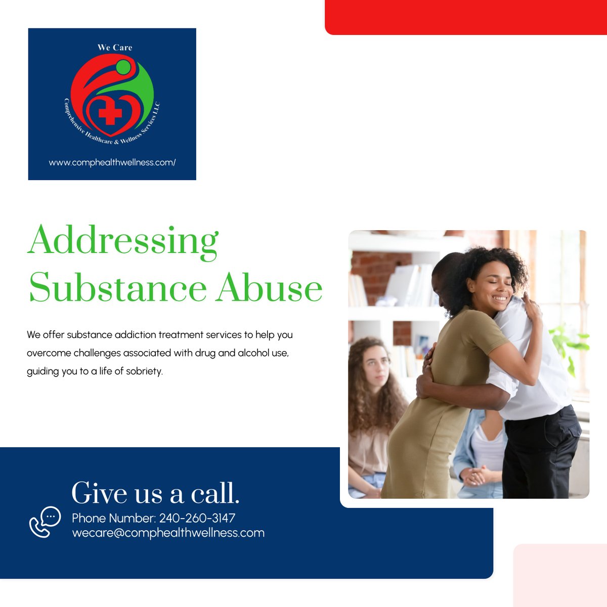 For more information about our substance abuse treatment services and what you could expect from our program, call Comprehensive Healthcare & Wellness Services at 240-260-3147.

#BowieMD #TreatmentServices #CallUs #OvercomeChallenges #BehavioralHealthCare