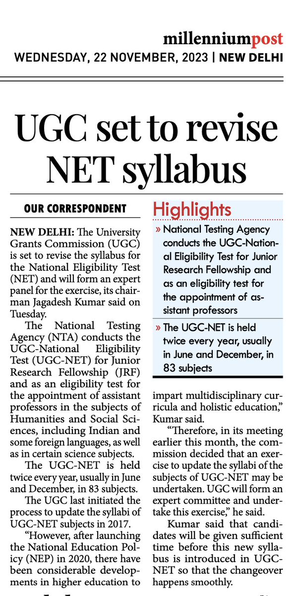 mamidala90's tweet photo. UGC set to revise NET syllabus
Courtesy: The Millennium Post https://t.co/vxUr2OAaVP