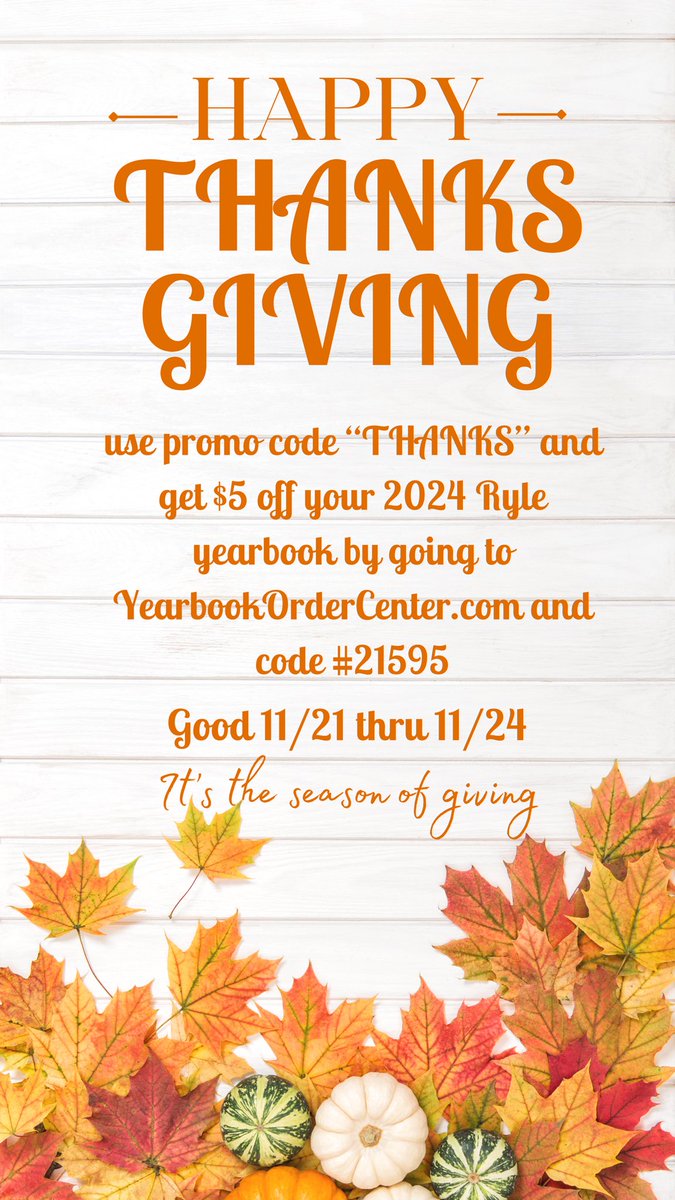 Use promo code "THANKS" and get $5 off your 2024 Ryle yearbook by going to YearbookOrderCenter.com and code #21595
Good 11/21 thru 11/24