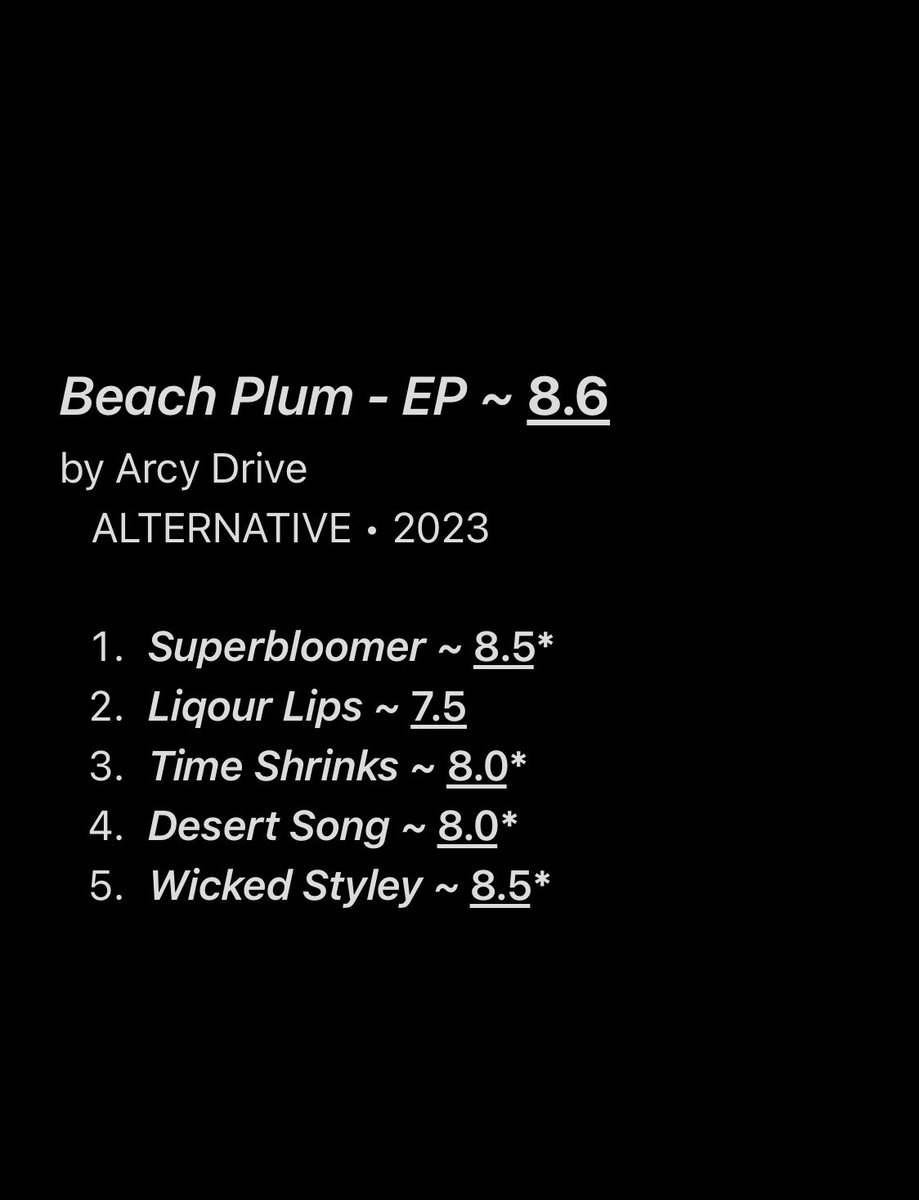 𝗕𝗲𝗮𝗰𝗵 𝗣𝗹𝘂𝗺 - 𝗘𝗣 ~ 𝟴.𝟲
𝗯𝘆 𝗔𝗿𝗰𝘆 𝗗𝗿𝗶𝘃𝗲

          Having cordial spirits and affable melodies, “Beach Plum” brings a lot of satisfying indie-rock to the table, thanks to the New-York-based alternative band Arcy Drive of course. Mateyunas’ vocals are excellent
