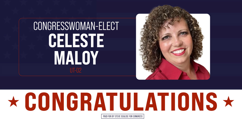 Congratulations on your hard-fought victory, @CelesteMaloyUT! I know you'll be a strong, conservative voice for #UT02 & deliver solutions for hardworking American families. I'm excited to work with you as we fight to get our country back on track & defend our Republican Majority!