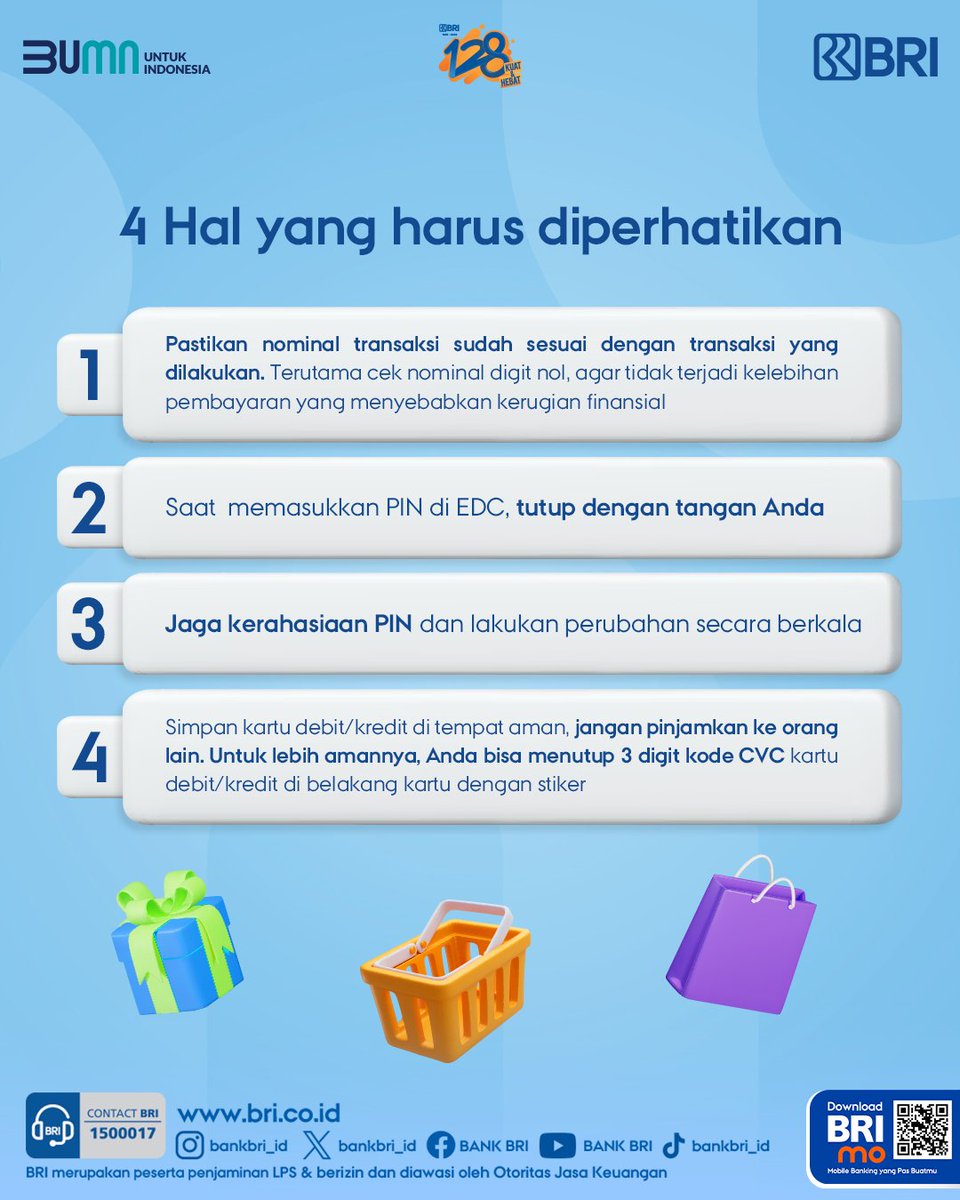 Sobat BRI. Transaksi pembayaran di Merchant lebih praktis dengan kartu Debit/Kredit BRI. Berikut adalah 4 hal yang harus diperhatikan saat melakukan transaksi pembayaran di mesin EDC. Selamat transaksi, sehat &amp; sukses selalu ya.

#BRIEdukasi