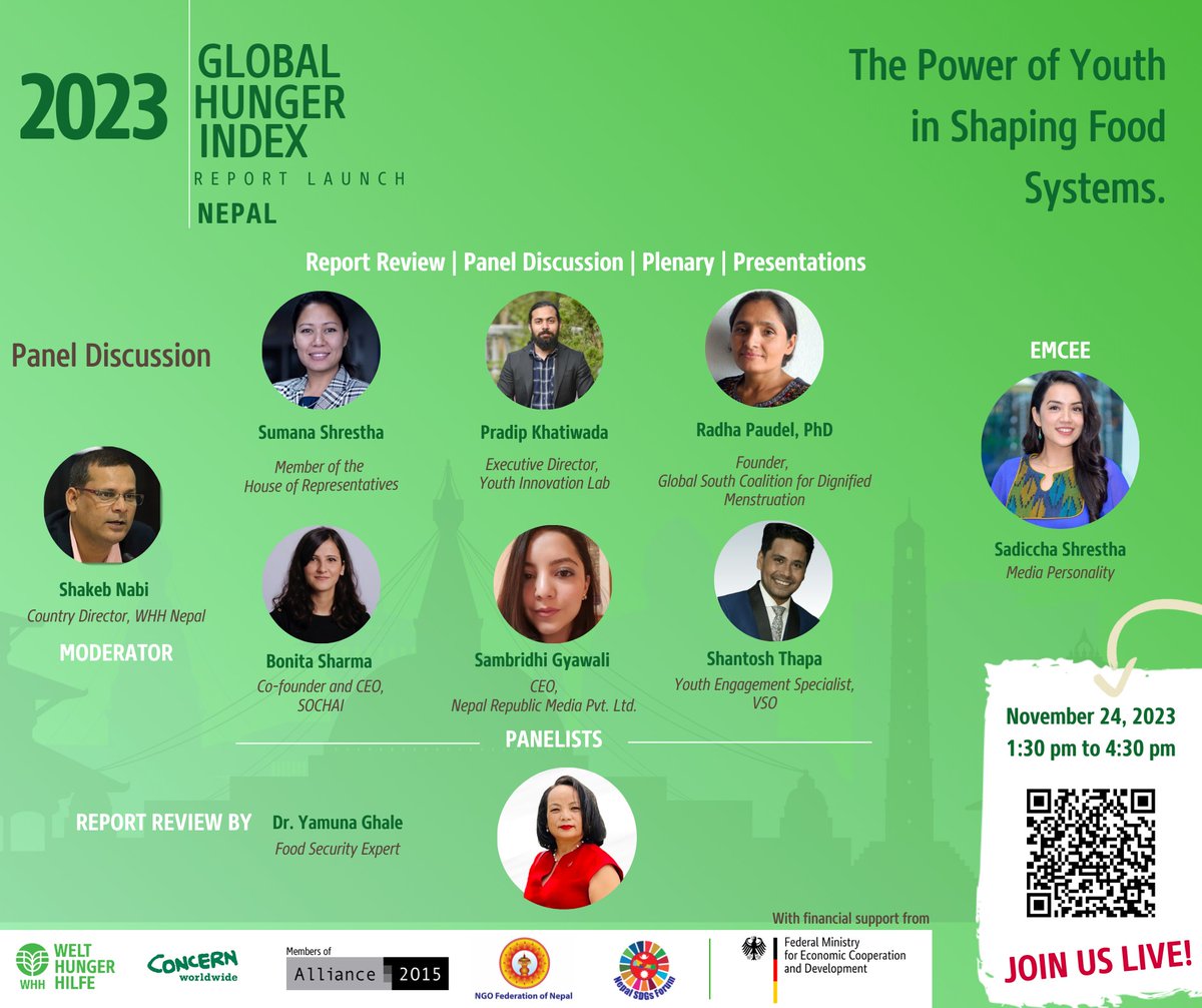 Shknabi's tweet photo. #GHI2023 Report Launch is happening on Nov 24, 2023, from 1:30 pm (NPL) 
Join us live to understand #Food #nutrition #security in #Nepal .  https://t.co/R5FCpr73vm 
ID: 810 3073 0027 Passcode GHI
@BMZ_Bund @Welthungerhilfe @Alliance_2015 @Concern @people_in_need #FoodSystems https://t.co/Ct1m9et1H8