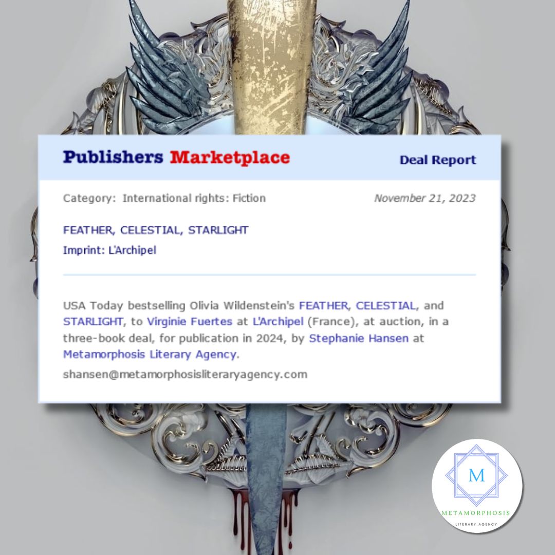 Congratulations! USA Today bestselling <a href="/OWildWrites/">OliviaWildenstein</a> 's FEATHER, CELESTIAL, and STARLIGHT, to Virginie Fuertes at @Lisez_officiel (France), at auction, in a three-book deal, for publication in 2024, by <a href="/hansenwriter/">Stephanie Hansen 🤟📚🎙️🏳️‍🌈🎮📽️🦻</a> at Metamorphosis Literary Agency.