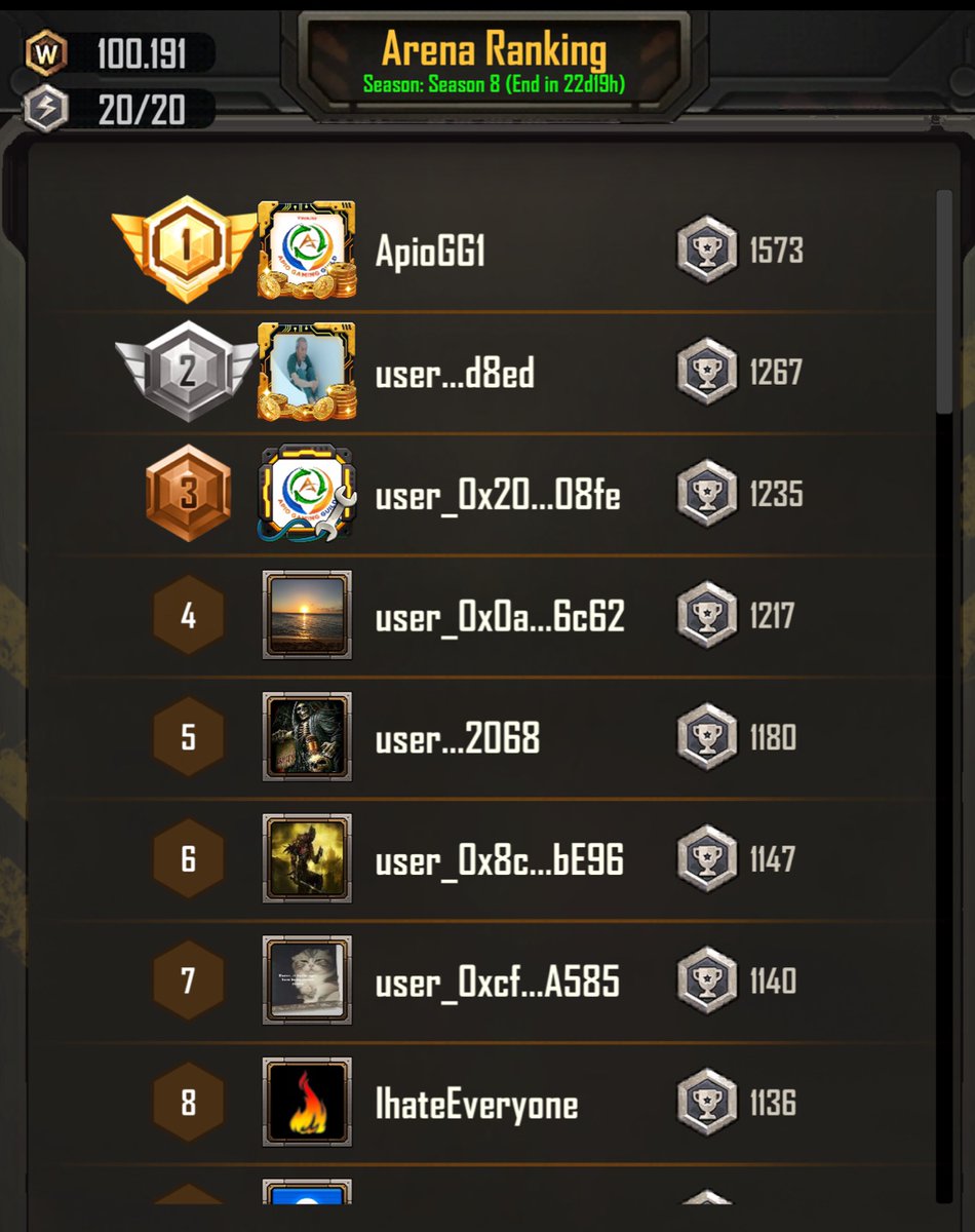 🔥 The current ranking for Arena Season 8 till 22 NOV
 
Who's leading the pack? Check it out now!

🤔 Predict your final standings using the hashtag #TWLPredict and share your predictions below! 🚀

🎉 Join the battle now to win big rewards and experience the thrill !!!