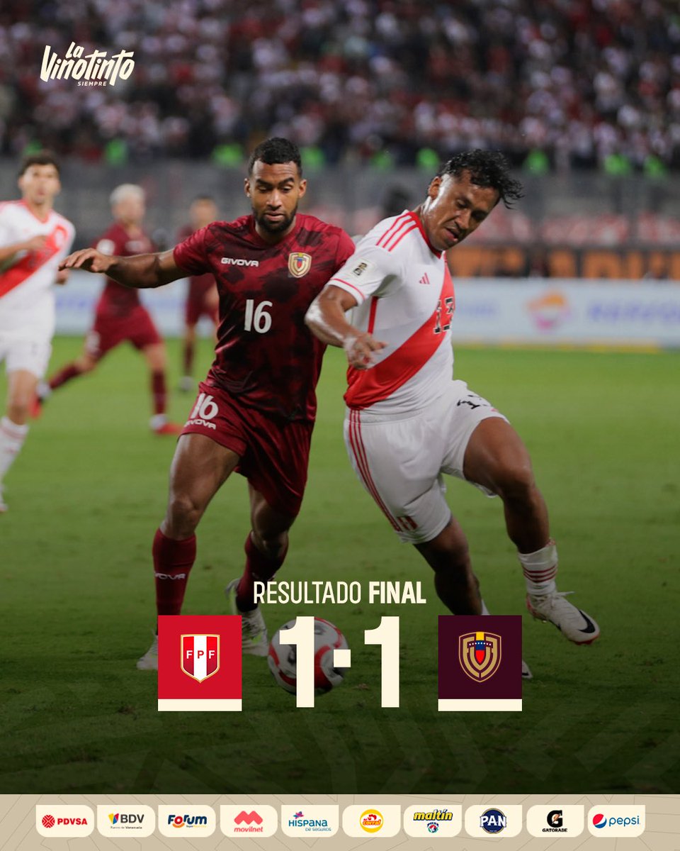 SeleVinotinto's tweet photo. 𝑷𝒖𝒏𝒕𝒐 𝒗𝒂𝒍𝒊𝒐𝒔𝒐 𝒆𝒏 𝑳𝒊𝒎𝒂 👊🏽

Perú 1-1 𝑽𝒆𝒏𝒆𝒛𝒖𝒆𝒍𝒂

⚽️ Jefferson Savarino (54')

#SiempreVinotinto 🇻🇪 https://t.co/1x9GMg4Q6m