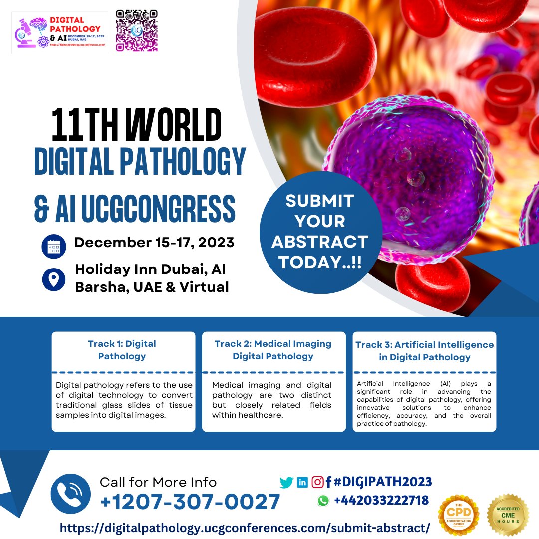 DrCarlAdam1's tweet image. Call for abstract: #11DIGIPATH in Holiday Inn Dubai, Al Barsha, UAE &amp;amp; Virtual from Dec 15–17, 2023
digitalpathology.ucgconferences.com/submit-abstrac…
wa.me/442033222718?t…
#Telepathology #PathologyDigitalization #PathologyInformatics #DigitalPathologySolutions #PathologySlides