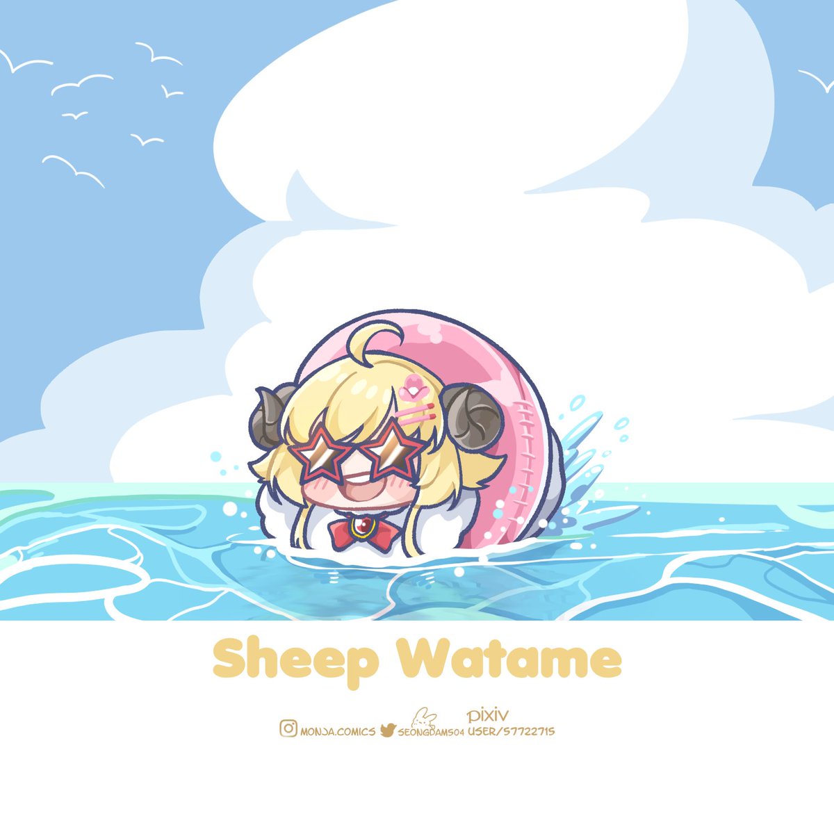 tsunomaki watame 1girl innertube horns blonde hair solo sunglasses sheep horns  illustration images