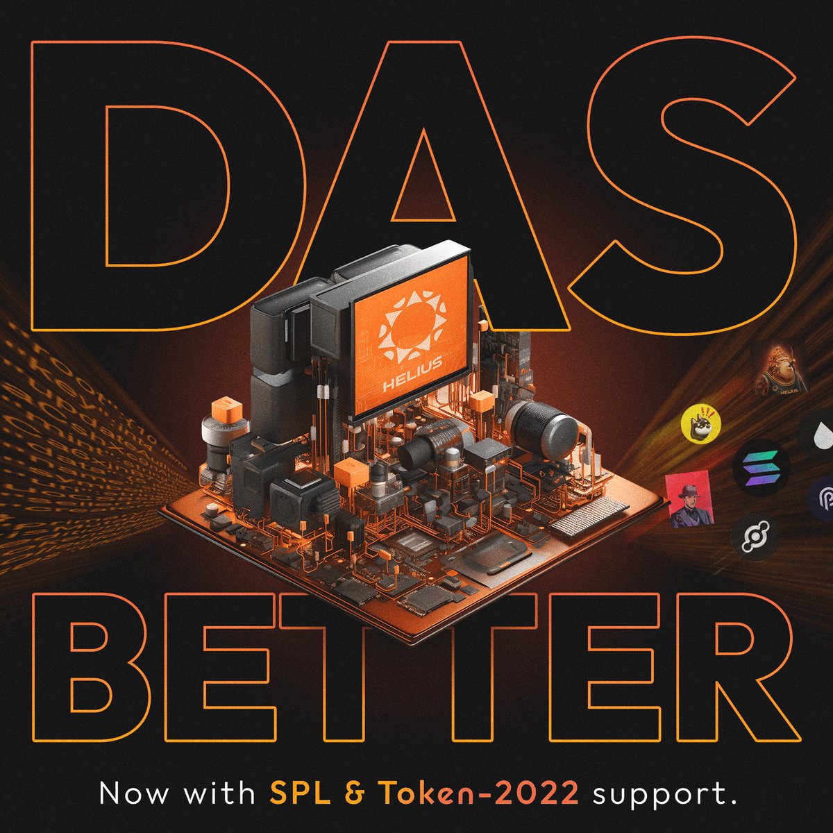 Your life just got 10x easier. And faster. Introducing: SPL & Token22  support for DAS API. You can now work with all tokens on Solana (NFTs,  cNFTs, pNFTs, SPL Tokens, and Token22)