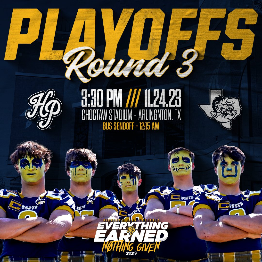 Scots Gameday Powered by Sports Club (@gamedayscots) on Twitter photo The District I 6A Area Champ Scots take on Southlake this Friday at 3:30p @ Choctaw Stadium.
Bus sendoff - Friday at 12:15p @ Highlander.
π #EverthingEarnedNothingGiven #SFAW #BEATSOUTHLAKE #TAKESTATE
<a href="/scotsathletics/">Highland Park Scots</a> <a href="/ScotsRecruiting/">Highland Park Scots Recruiting</a> <a href="/dctf/">Dave Campbell's β TexasFootball.com</a> <a href="/txfblife/">Texas Football Life</a> <a href="/SportsDayHS/">SportsDayHS</a> The District I 6A Area Champ Scots take on Southlake this Friday at 3:30p @ Choctaw Stadium.
Bus sendoff - Friday at 12:15p @ Highlander.
π #EverthingEarnedNothingGiven #SFAW #BEATSOUTHLAKE #TAKESTATE
<a href="/scotsathletics/">Highland Park Scots</a> <a href="/ScotsRecruiting/">Highland Park Scots Recruiting</a> <a href="/dctf/">Dave Campbell's β TexasFootball.com</a> <a href="/txfblife/">Texas Football Life</a> <a href="/SportsDayHS/">SportsDayHS</a>