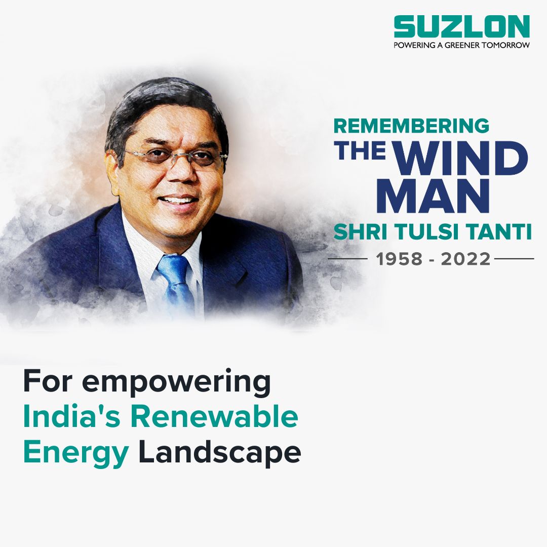 Suzlon's tweet photo. The wind man, #ShriTulsiTanti envisioned a green energy revolution in our country. His dedication and innovation shaped the industry and inspired many to take the journey to a sustainable future. #windenergy #WindManofIndia #SustainableFuture #WindPower #RenewableEnergy https://t.co/f9wdAJPWJr